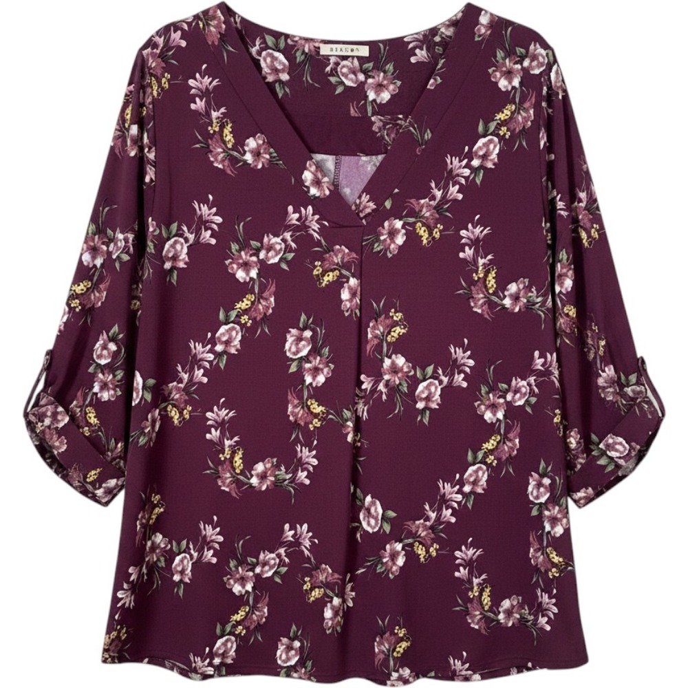 Beacon Womens 2X Burgundy Floral V-Neck Blouse 3/4 Sleeve Pleated boho Casual